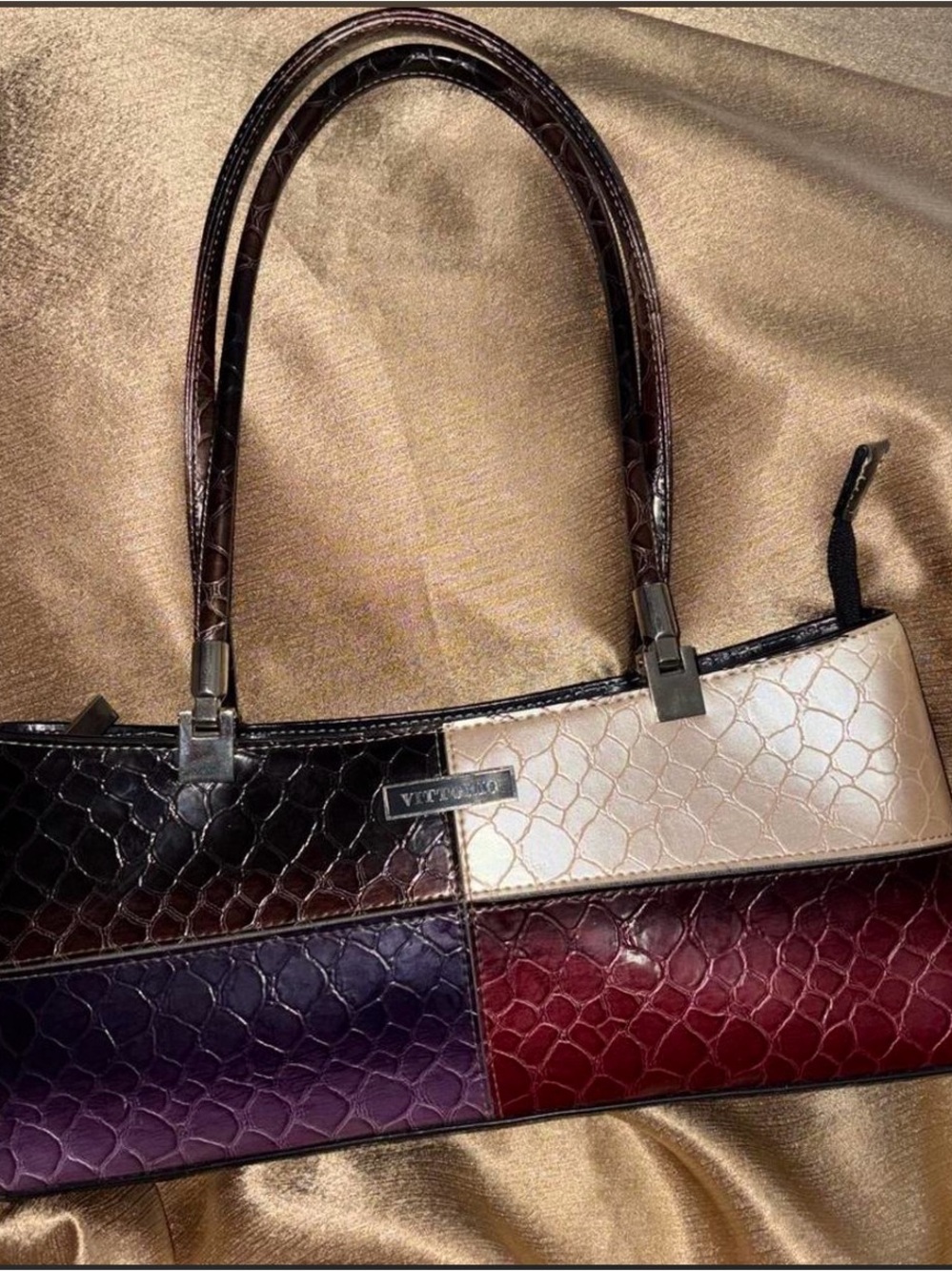 Vittorio Colorblock Croc-Embossed Shoulder Bag in Brown, Cream, Purple, and Red